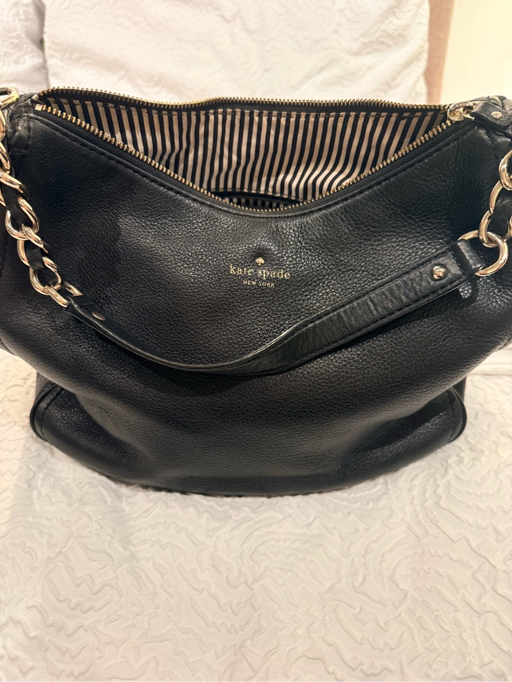 kate spade Black Leather Shoulder Bag with Gold Chain Accents